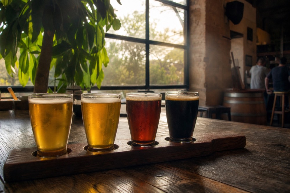 A rustic brewery tasting paddle with small glasses of pale and dark beer on a timber bar, greenery through a window behind, no branding or text.