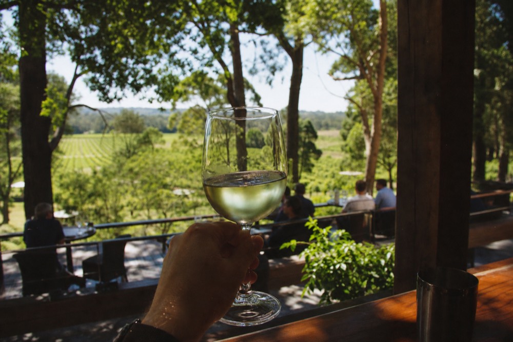 A hand raising a glass of white wine to soft daylight on a cellar-door terrace overlooking vines, blurred greenery behind, no labels or branding.