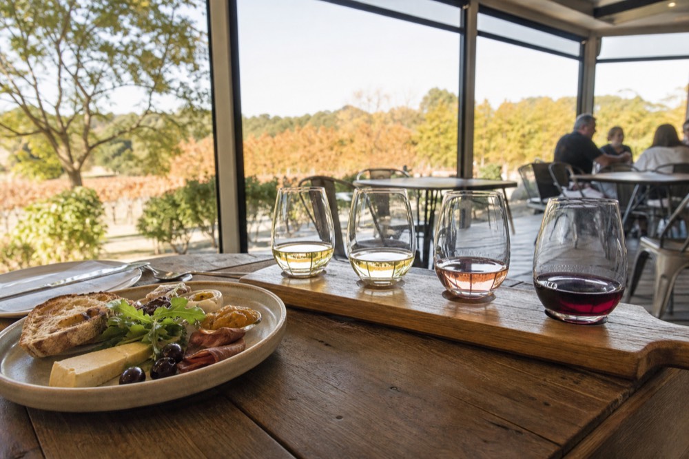 A wine flight on a wooden paddle, small pours graded from pale to deep red beside a light lunch plate, soft daylight, no logos or text.