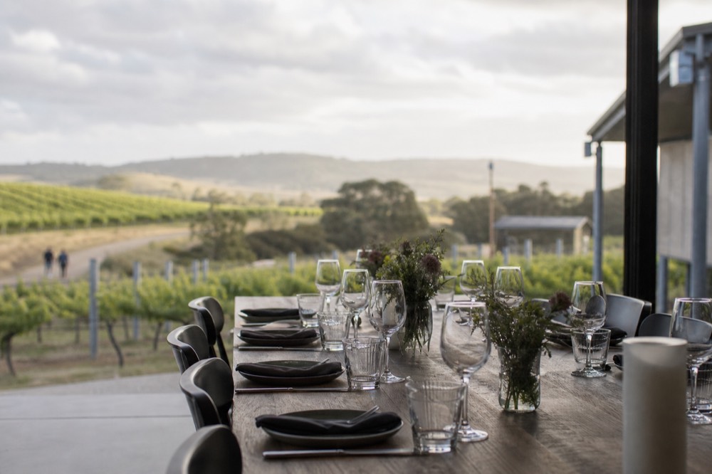 A long communal table on a vineyard terrace laid for a leisurely lunch, unbranded glasses catching afternoon light, vine rows and hills beyond, no diners visible.