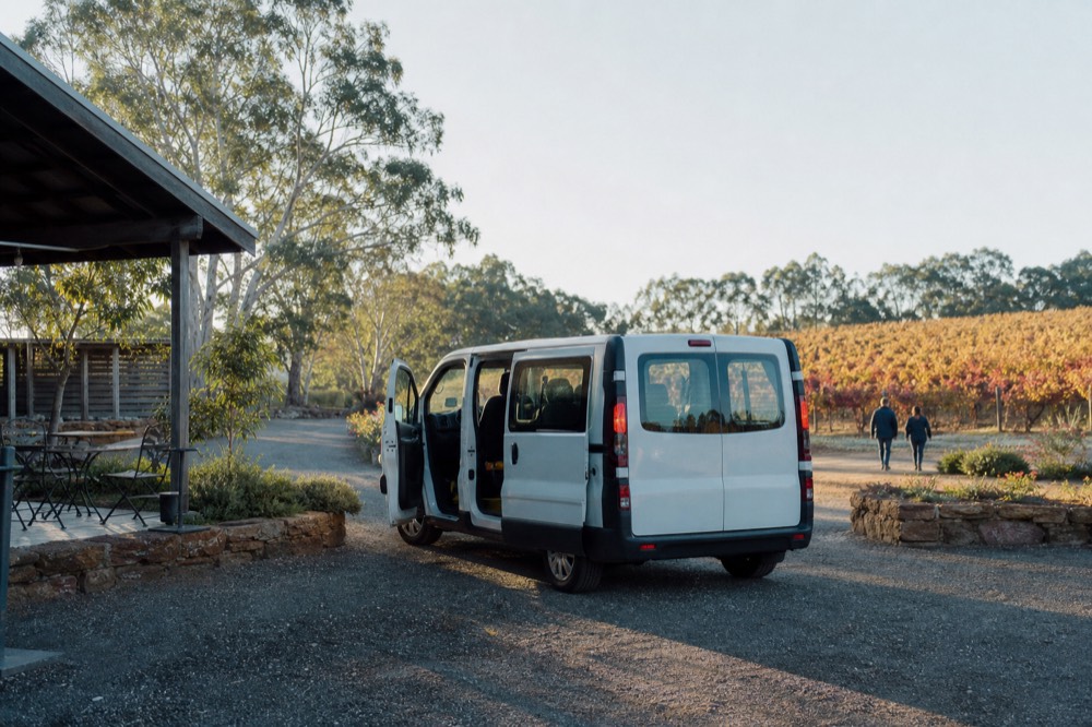 A small tour van waiting on gravel outside a vineyard guesthouse at morning, doors open, vines and gum trees beyond, clear light, no branding or plates visible.