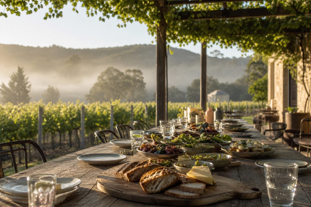 Shared platters of seasonal vegetables, bread and cheese down the centre of a long outdoor table beside a vineyard, dappled light through an overhead vine, unbranded serving boards, no people.