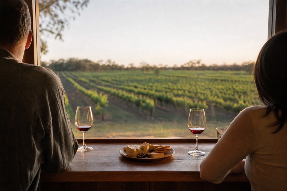 A small seated tasting for two at a timber counter, two unbranded glasses of red wine and a shared cheese plate, soft window light, no faces or branding.